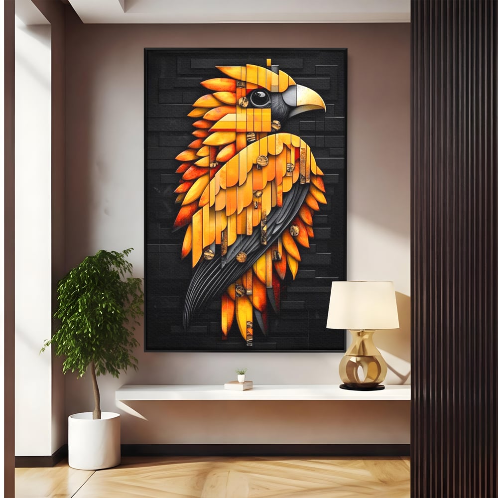 Tablou canvas cu tablou canvas cu pasare geometrica aurie, in rama de aluminiu negru